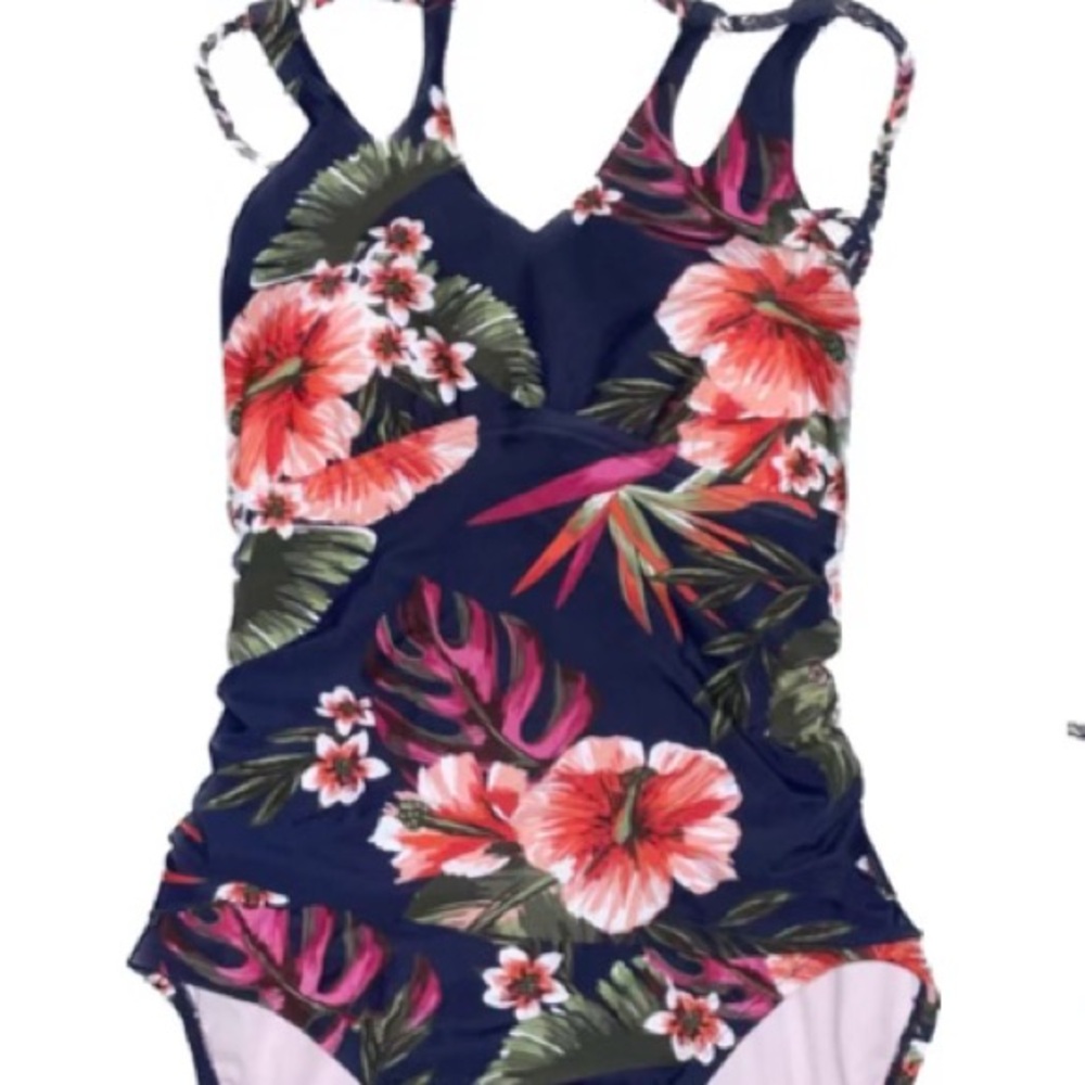 Kona Sol Tropical Floral One Piece Swimsuit - Navy and Coral